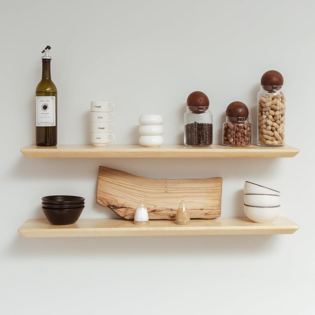 Natural Pine Floating Shelves - Bathroom & Bedroom/Living Room - Set of 2 (36x6.7x1.2 inch)