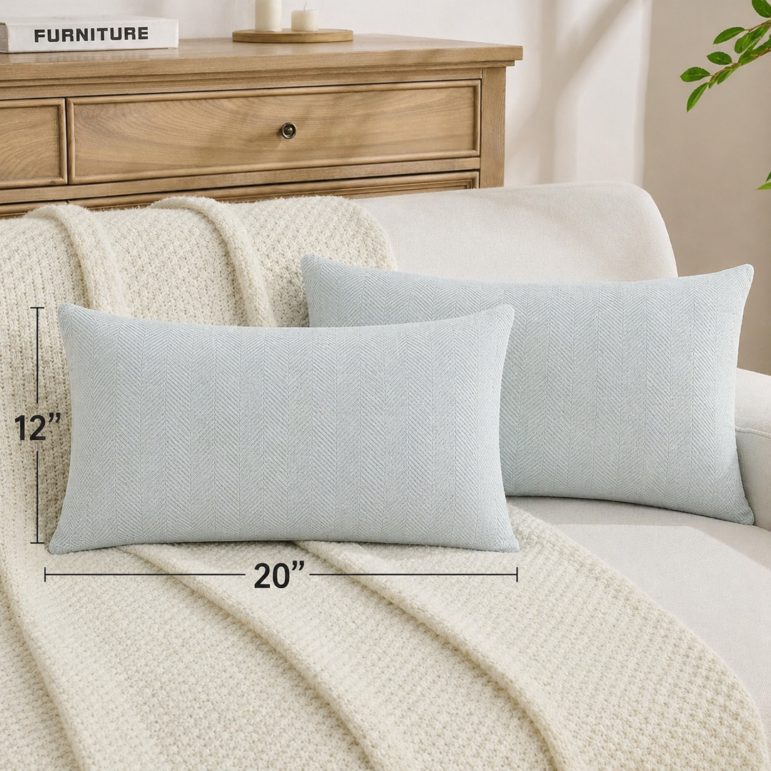 Pack of 2 Chevron Chenille Throw Pillow Covers 12x20 Inch Soft Herringbone Texture Solid Decorative Lumbar Pillowcases Farmhouse Home Decor for Couch Bed Living Room, Light Blue