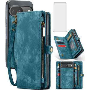 Asuwish Phone Case for Google Pixel 9/9 Pro 5G Zipper Wallet Detachable Cover with Tempered Glass Screen Protector and Leather Flip Credit Card Holder Cell Accessories Pixel9 9Pro Nine Women Men Blue