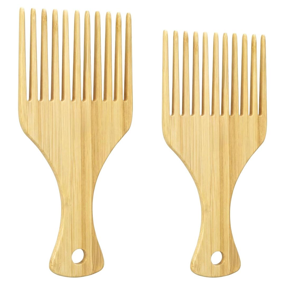 2-Piece Bamboo Afro Hair Pick Comb Set, Bamboo Comb Set for Afro Hair 9 Teeth Wooden Hairs Picks for Women Men Hairs Styling Tool for Thick Curly & Beard