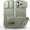 SURITCH for iPhone 16 Pro Max Case with Magnetic Camera Slide Cover and Adjustable Kickstand, Compatible with MagSafe, Shockproof Bumper Case Slim Protective Cover 6.9 Inch, Green