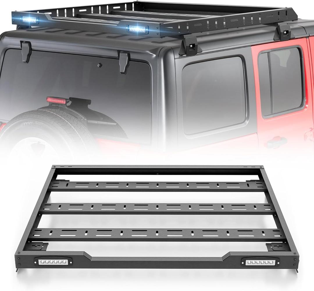 Roof Rack Cargo Basket with LED Light Bars Compatible for 2007-2026 Jeep Wrangler JK JL Unlimited & Gladiator JT 2/4 Door Hardtop, JKU JLU Luggage Rooftop Storage Holder Cargo Carrier
