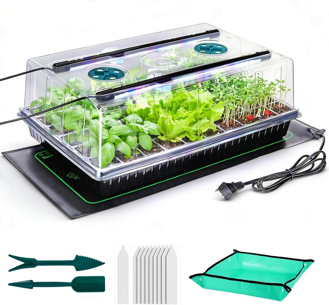 60 Cell Seed Starter Tray Kit with Grow Light, 3.8" Humidity Dome and 20.47" Heat Mat - Indoor Seed Germination Station for Faster Planting, Complete Gardening Kit for Vegetables, Herbs, Microgreens