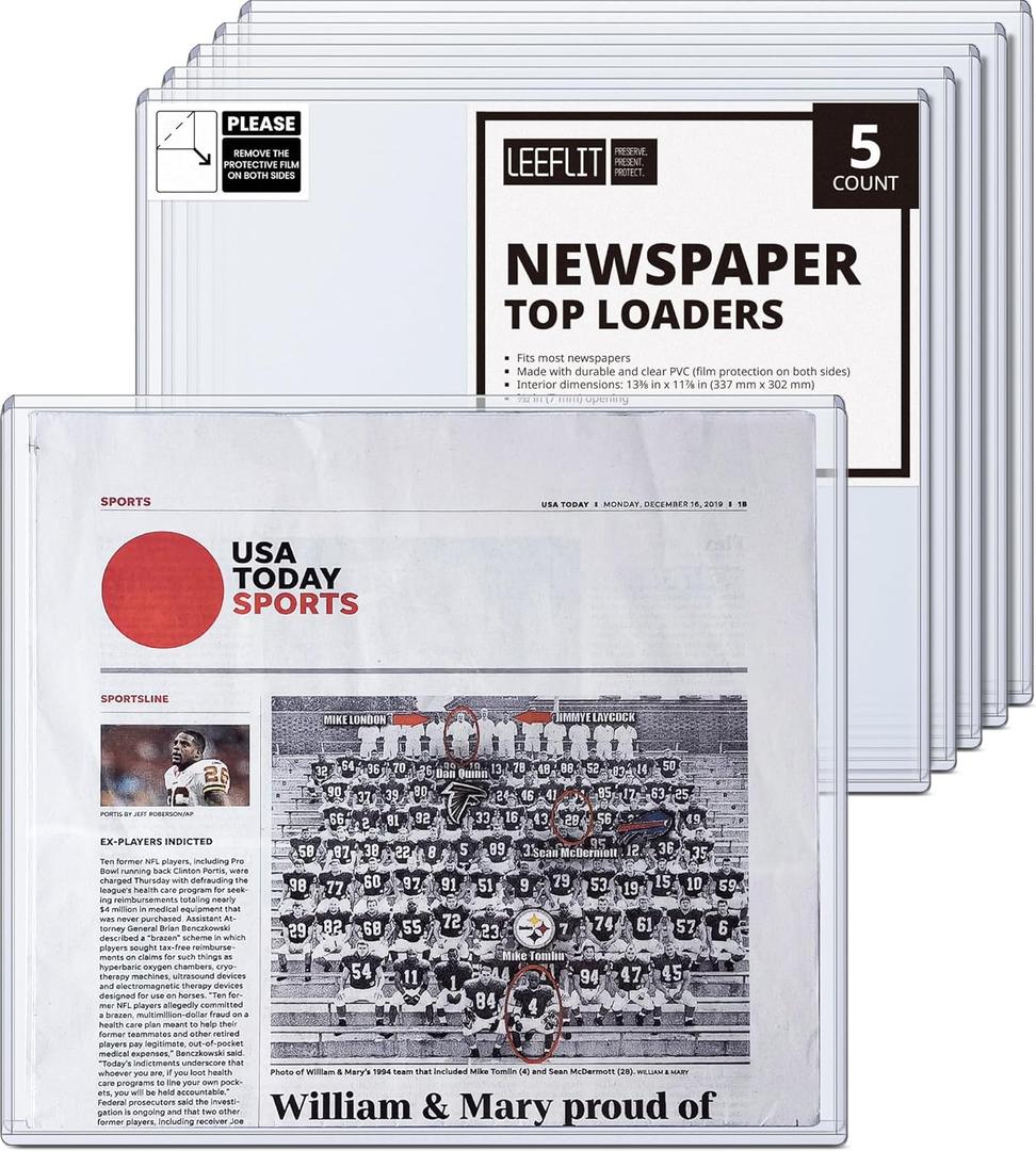 Newspaper Toploader Holder - 7mm Thick Hard Plastic Top Loaders, 13 x 11, 5 Count
