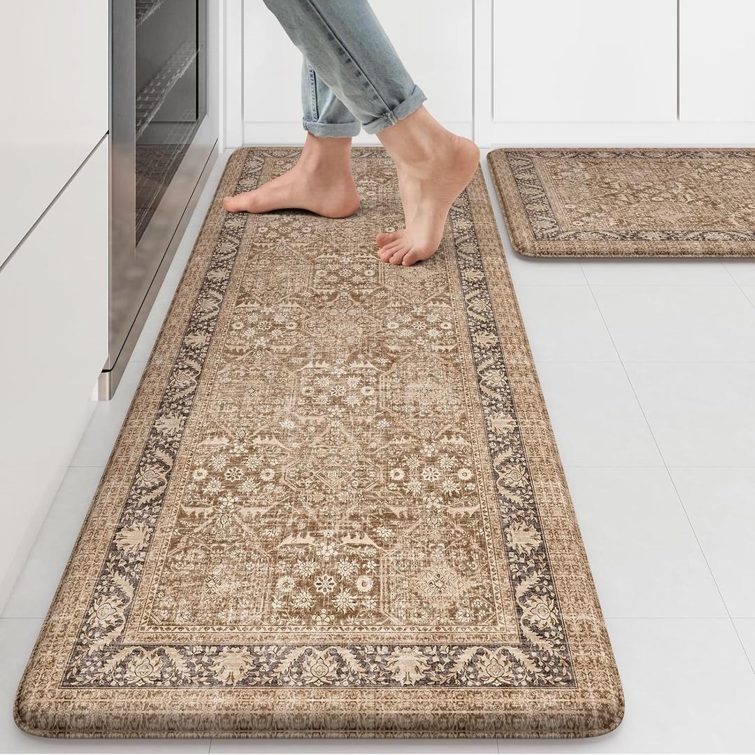 KIMODE Anti Fatigue Kitchen Mat, Boho Distressed Kitchen Rugs Sets of 2, Non Slip Kitchen Mat for Floor, Cushioned Comfort Standing Mat for Sink, Laundry, Office, Desk 17"x47"+17"x29" (Brown/Multi)