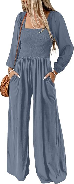Dokotoo Women's Casual Loose Overalls Jumpsuits One Piece Long Sleeve Wide Leg Long Pant Rompers With Pockets S