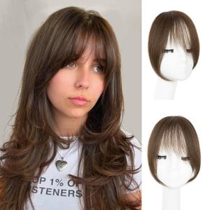 EINAEY Clip in Bangs, 100% Real Human Hair Medium Brown Fake Bangs Clip in Hair Extensions French Bangs Fringe with Temples Hairpieces for Women Curved Curtain Bangs for Daily Wear