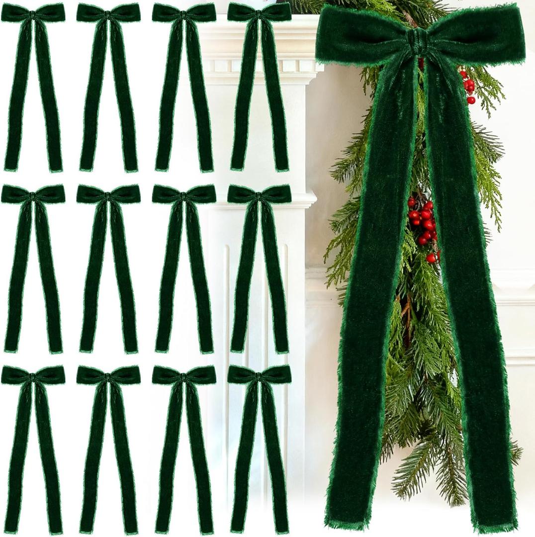 20 Pcs Forest Green Large Velvet Christmas Bows 4.7" x 11" Big Pre Tied Handmade Fringe Velvet Ribbon Bows 1" Wide Rustic Crafts Gift-Bows with Twist Tie for Gift Wrapping Christmas Decor