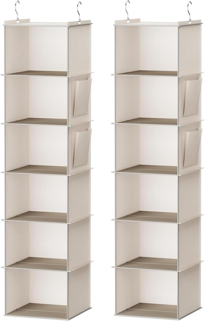 YOUDENOVA Hanging Closet Organizer, 6-Shelf Closet Hanging Storage Shelves, 2 Packs, Beige