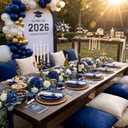 KIRE 350Pcs Blue and Gold Plates -Heavy Duty Navy Blue Dinnerware Set - 100 Plastic Plates 50 Pre Rolled Napkins with Gold Plastic Silverware 50 Cups for Birthday/Wedding/Party/Graduation/Memorial Day
