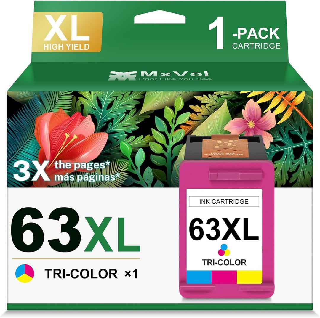 63XL Ink Cartridge Replacement for HP Ink 63 XL HP63 High Yield Ink Compatible for HP Deskjet 1112 3637 3630 2130 Officejet 4650 3830 5200 5255 5258 Envy 4520 4510 1-Pack Color