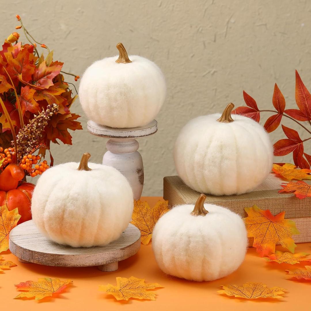 Preboun 4 Pieces Large Wool Fall White Pumpkin Thanksgiving Decor Artificial Fabric Pumpkin Harvest Felt Fake Pumpkins for Decorating for Fall, Thanksgiving, Halloween, Wedding Parties Decoration
