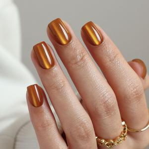 Burnt Orange Cat Eye Press On Nails Short- GJZEZ Amber Yellow Light Brown Soft Gel Square Cateye Glass Fake Nails Press Ons Gifts for Women | 16 Sizes - 32 pcs Reusable Salon Quality Faux Nail, Ginger