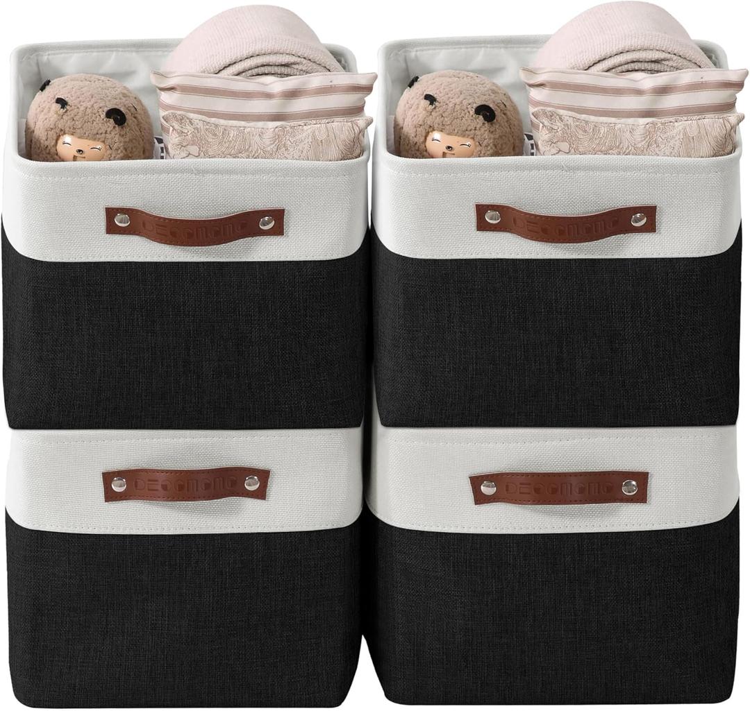 DECOMOMO Storage Bins Fabric Storage Baskets for Shelves, Linen Closet Organization Toys Nursery (Black and White, Large - 4 Pack) (Large/4P - 15"x11"x9.5")