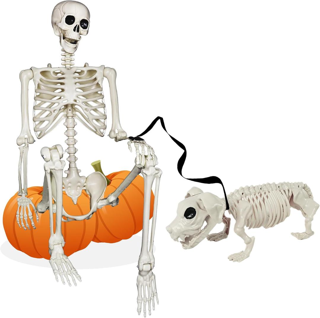 NEROSUN 5.4FT Halloween Skeletons Decoration, Posable Life Full Size Skeleton with Dog Skeleton, Realistic Plastic Human Bones for Halloween Props Haunted House Graveyard Party Decor