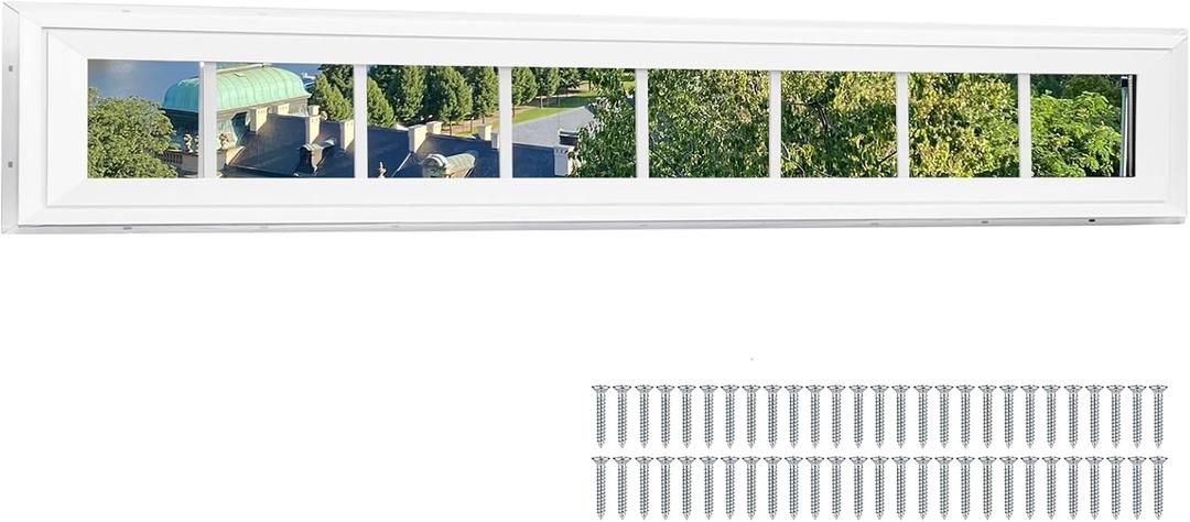 NeatiEase Vinyl Transom Window, 12" x 60" Fixed Glass Household Windows with Grids and Dual-pane Tempered Glass for House, Shed, Doors, Garage, Chicken Coop, Basement (White)