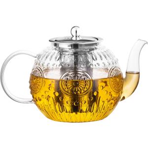 Amzcku 50OZ/1500ml Vintage Glass Teapot with Removable Infuser – Stovetop Safe, Borosilicate Glass Tea Kettle for Blooming & Loose Leaf Tea
