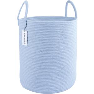Cotton Rope Laundry Basket Hamper for Clothes Woven Storage Basket for Living Room Bedroom Boho Tall Rope Baskets for Blanket Toys Pillow Towels Baby Nursery Hamper Bin light blue (regular)