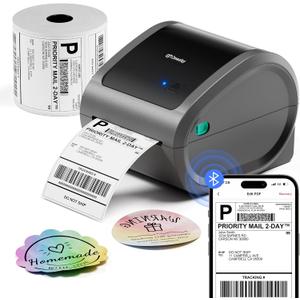 Bluetooth Shipping Label Printer with 1 Roll Labels - D520BT Thermal Label Printer, Thermal Printers with Built-in Label Holder, Come with 500PCS 4x6 White Labels (500 Labels/Roll)