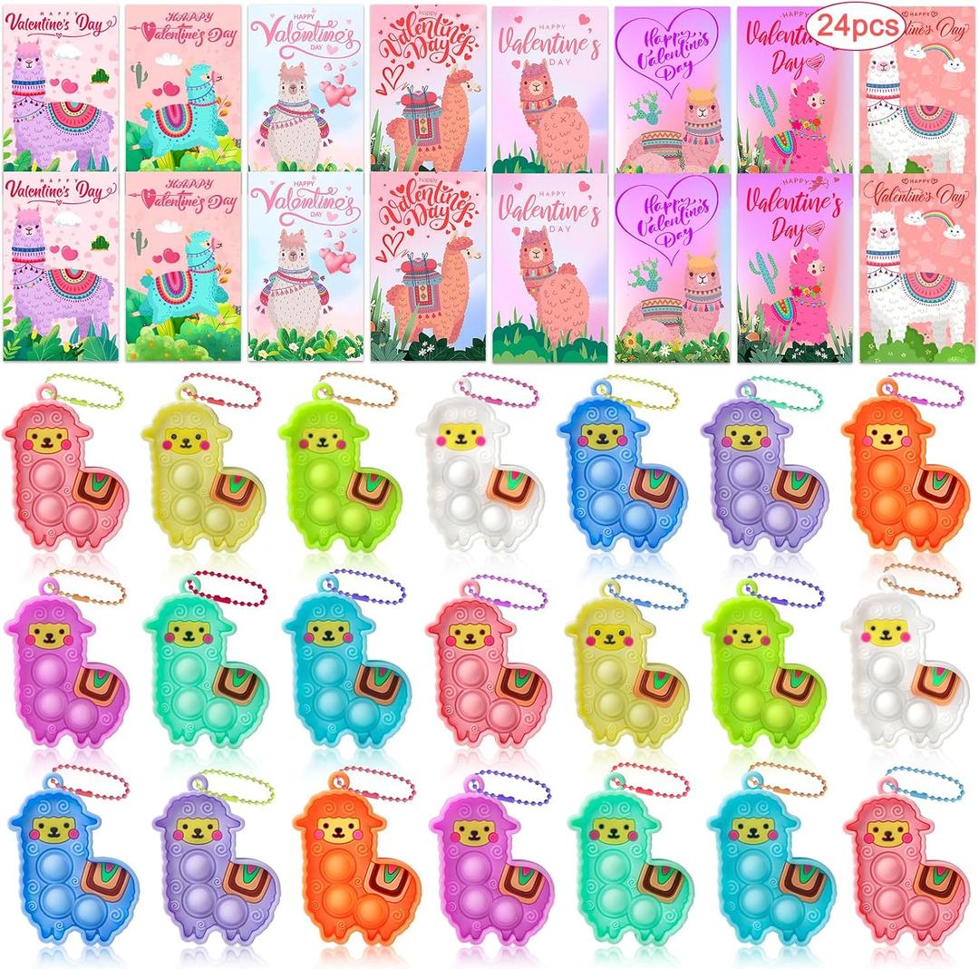 Valentines Day Cards for Kids School, 24 PCS Valentines Day Cards for Kids Classroom with Llama Pop Fidget Toys, Valentines Party Favors for Classroom Exchange, School Valentines Gifts for Boys Girls