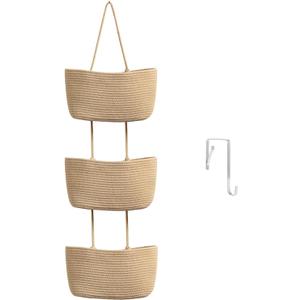 TeoKJ Over the Door Hanging Basket, 3-Tier Woven Cotton Wall-Mounted Storage Organizer Bag Decorative Hanging Nursery Baskets - Jute