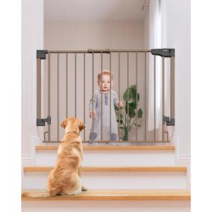 Cumbor 29.243" Baby Gate for Stairs, Wall-Mounted (Drill Required), Expandable No Bottom Bar Dog Gate, Auto Close Extra Wide Walk Thru, Pet & Toddler Proof Gate, Top & Bottom of Stairways (Brown)