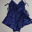 Women's Lace Deep V Neck Strap Drawstring Lace up Sexy Night Romper Nightwear Sleepwear (Small, Dark Blue)