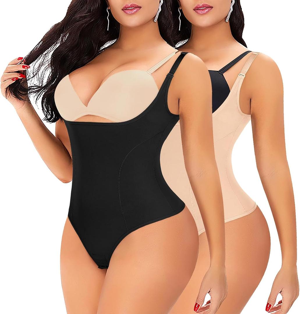 Womens Shapewear Bodysuit Body Shaper Thong (Small, Black+beige#mix 2 Set)