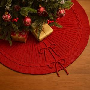24 Inch Red Knitted Small Christmas Tree Skirt, Chunky Cable Knit with Braided Border, Perfect for Xmas Holiday Decorations