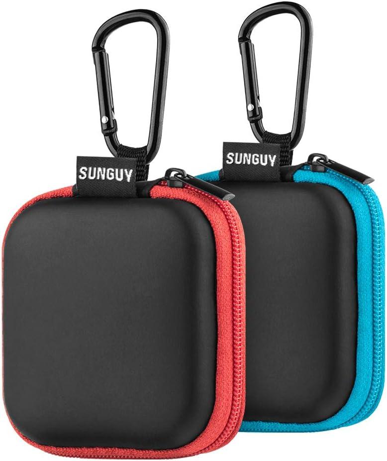 SUNGUY [2-Pack Earbud Case, Portable Square Earphone Carrying Cases with 2 Carabiners for Earphones, Earbuds, Earpieces, SD Memory Card, Camera Chips - Red+ Blue