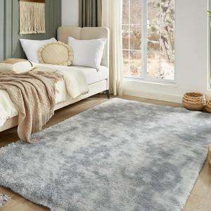Floralux 5x7 Area Rug for Bedroom, Tie-Dye Light Grey, Living Room Shag Rugs, Non-Slip Shaggy Floor Carpet for Teens Dorm, Bedside, Playroom, Nursery, Home Decor Aesthetic