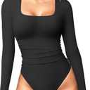 OQQ Women's Bodysuits Ruched Long Sleeve Square Neck Lounge Stretch Travel Bodysuits (Black, XL)