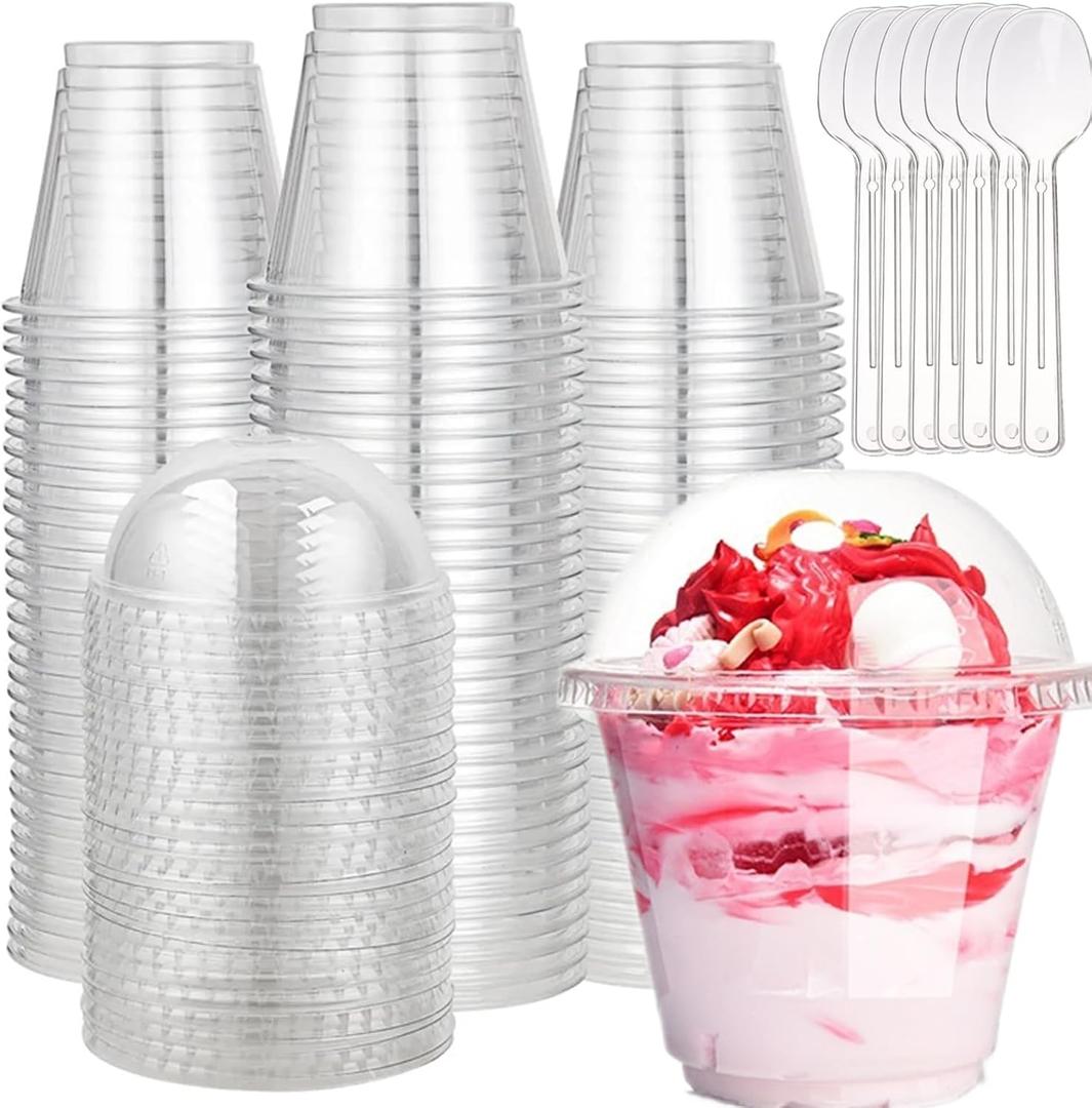 100 Pack 9 OZ Clear Dessert Cup with Dome Lid and Spoon, Sturdy PET Party Parfait Cups for Cold Drinks Salad, Ice Cream, Fruit, Snack, Yogurt, Disposable Take Out Container