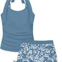 Girls Swimsuit 2 Piece Halterneck Girls Tankini Swimsuit Drawstring Printed Swim Shorts Girl Bathing Suit for 7-18T (Blue, S)