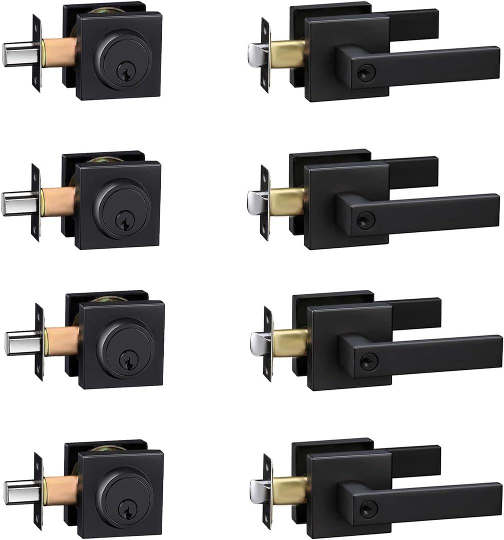 Exterior Door Lock Set with Deadbolt, Front Door Handle Set with Deadbolt, Door Levers Single Cylinder Deadbolt Set, Keyed Alike Heavy Duty Keyed Entry Handles Locksets,(Matte Black,4Pack)