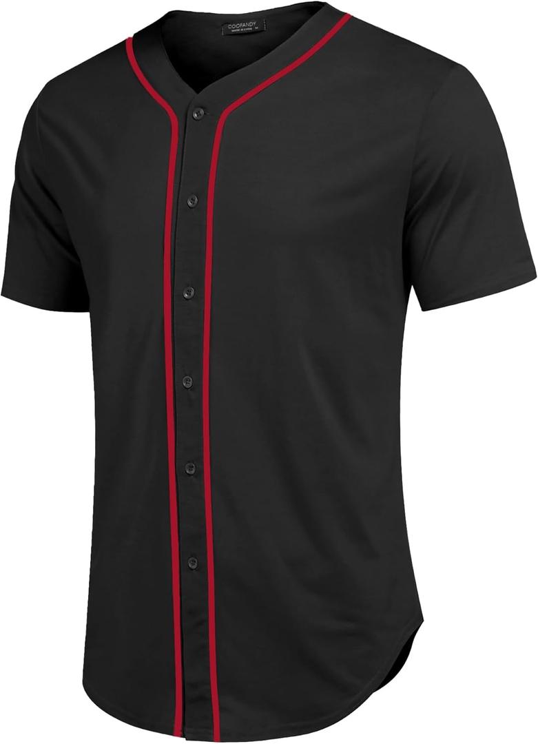 COOFANDY Men's Baseball Button Down Jersey Short Sleeve Hipster Hip Hop T Shirts (Large, Black-red Stripe)