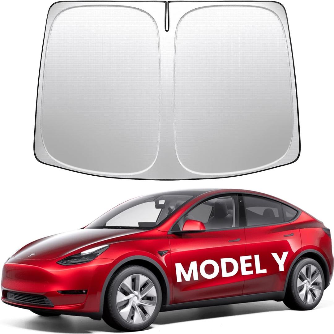 REEVAA 2025 Upgrade Tesla Model Y (2019-2026 Juniper) Windshield Sun Shade [99% Sun Protection for Ultimate Interior Protection] Keep Cool, Foldable Sunshade Car Accessories with Storage Bag