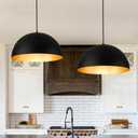 16 Inch Industrial Pendant Lighting for Kitchen Island, Black and Gold Metal Dome Pendant Light Fixtures, Hemispherical Hanging Ceiling Light E26 Base for Reading Dining Room Foyer Cafe, 2 Pack