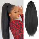 Ponytail Extension Drawstring Ponytail for Black Women, Afro Yaki Straight Ponytails Synthetic Hair Extensions, Human Hair Feeling Pony Tails Hairpiece for Daily Use (Yaki Straight #1B Black, 28 Inch)
