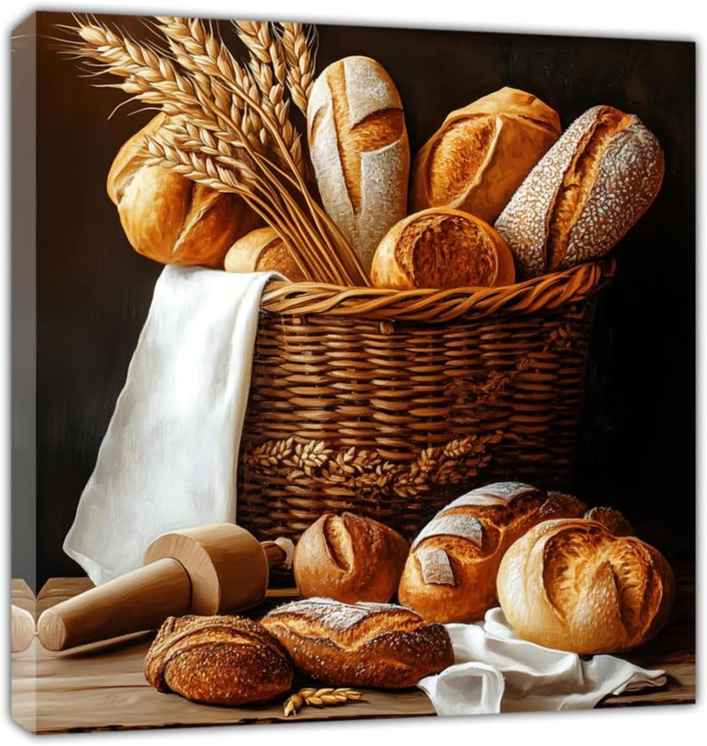 AWPANERAR Kitchen Canvas Wall Art Bread Picture Printing Food Poster Painting Vintage Still Life Artwork Dining Room Kitchen Restaurant Decor (White, (16.00" x 16.00"))