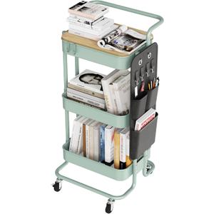 DTK 3 Tier Metal Utility Rolling Cart with Table Top and Side Bags, Metal Tray Storage Organizer Cart with Wheels, Art Craft Cart with 4 Hooks for Kitchen Bathroom Office Living Room (Green) (Large)
