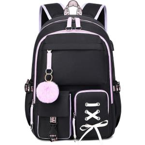 Backpack for Girls Women College Laptop Backpacks Girl Cute School Bag Kids Bookbag with USB Charging Port College Middle High Elementary School Backpack for Teen Girls Travel Daypack (Black)