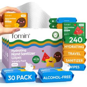 Fomin Mini Hand Sanitizer Wipes 30 Pack (8 Count) - Variety Pack Mini Wet Wipe - pH Balanced, Biodegradable, Antibacterial On The Go Hand Sanitizing Wipes - Hypoallergenic, Plant-Based Travel Wipe
