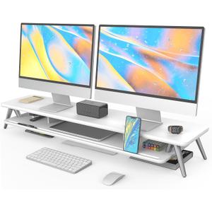 Fenge Dual Monitor Stand, Monitor Stands Riser for 2 monitors, 42.5 Inch Wood Desk Shelf with Storage Organizer and Cable Management for Office Desk Accessories
