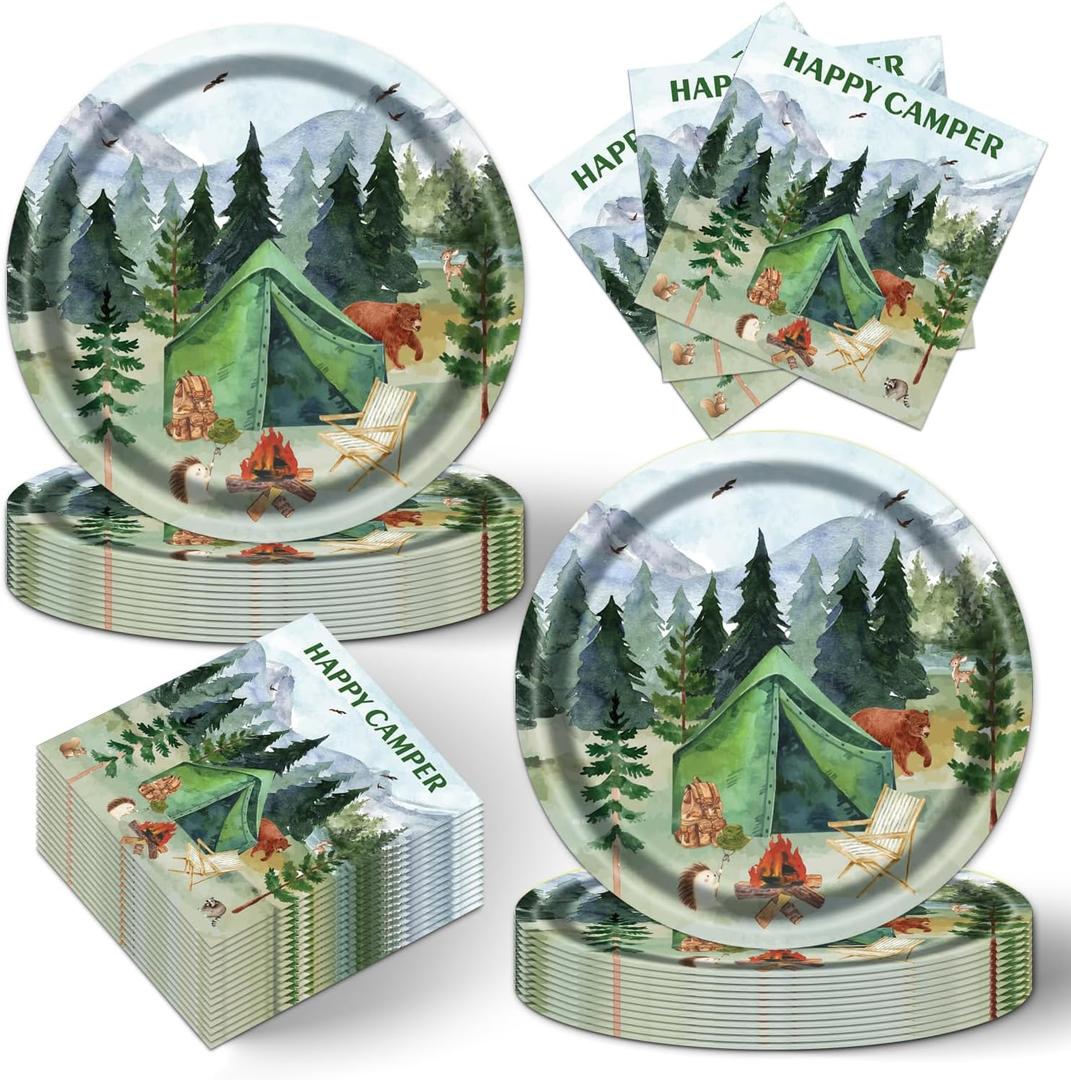 40pcs Camping Party Supplies,Adventure Party Decoration Supplies,Used for Happy Camper Party Decoration,Disposable Tableware for 20 People,Include 20 dinner plates,20 Napkin (Blue)