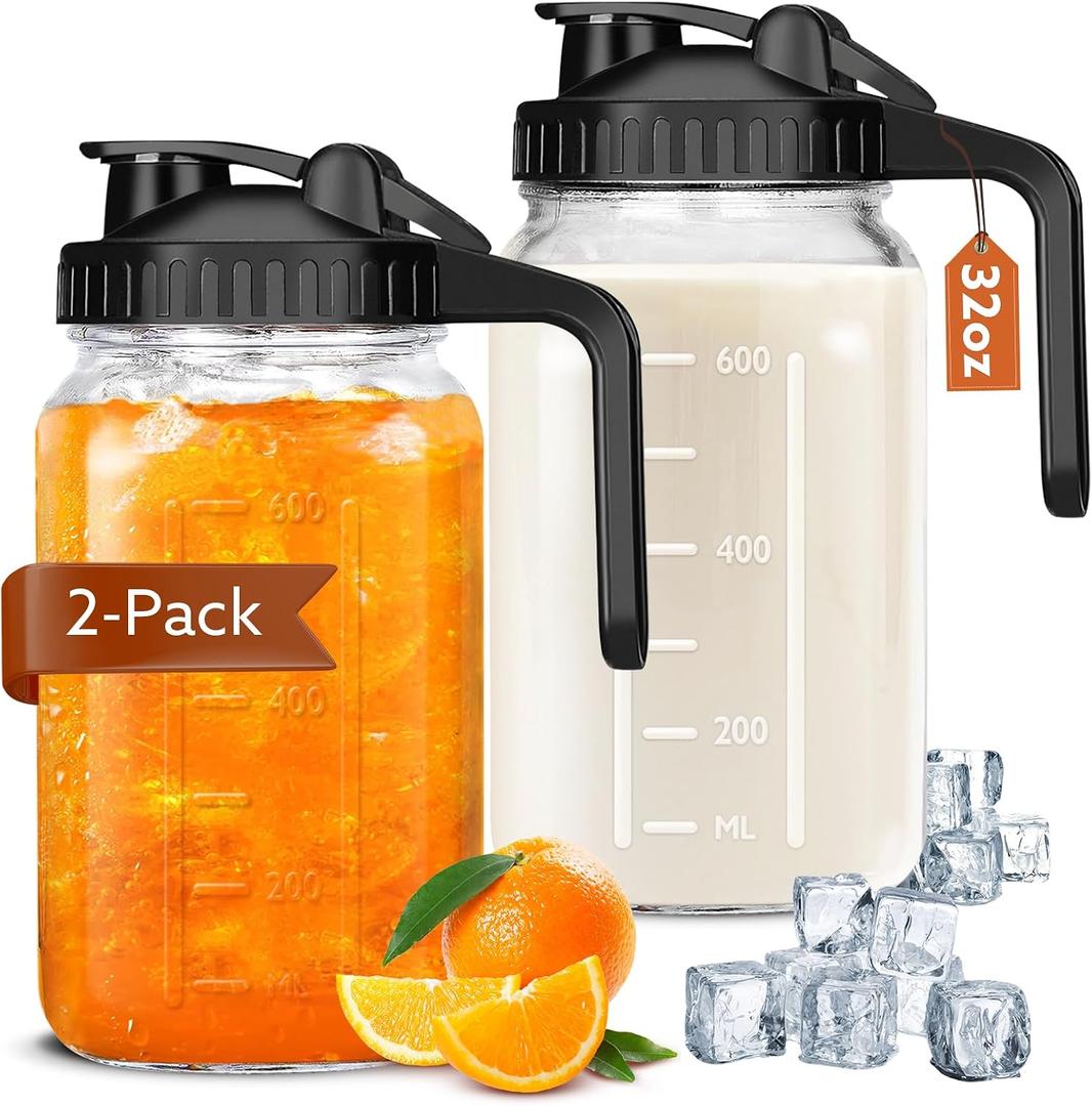 Mason Jar Pitcher With Lid and Spout, 2-Pack 32 OZ Glass Milk Pitcher for Breastmilk, Thick Glass Jug Sun Tea Pitcher, Fruit Drinks Container, Mason Jar Pour Spout Lid with Wide Mouth for Fridge