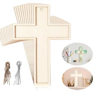 24 Pcs Unfinished Wooden Crosses for Crafts Unpainted Large Blank Wooden Layered Cross for Sunday School Crafts DIY Easter Projects Church Home Wall Decoration with String (5 x 3.62 Inch)