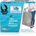 Hippo Sak - Tall Kitchen Garbage Bags with Ergonomic Handles - 13 Gallon Trash Bags Made from Recycled Ocean Bound Plastic - Super Strong and Leak Proof Tall Kitchen Trash Bags (45 Count)