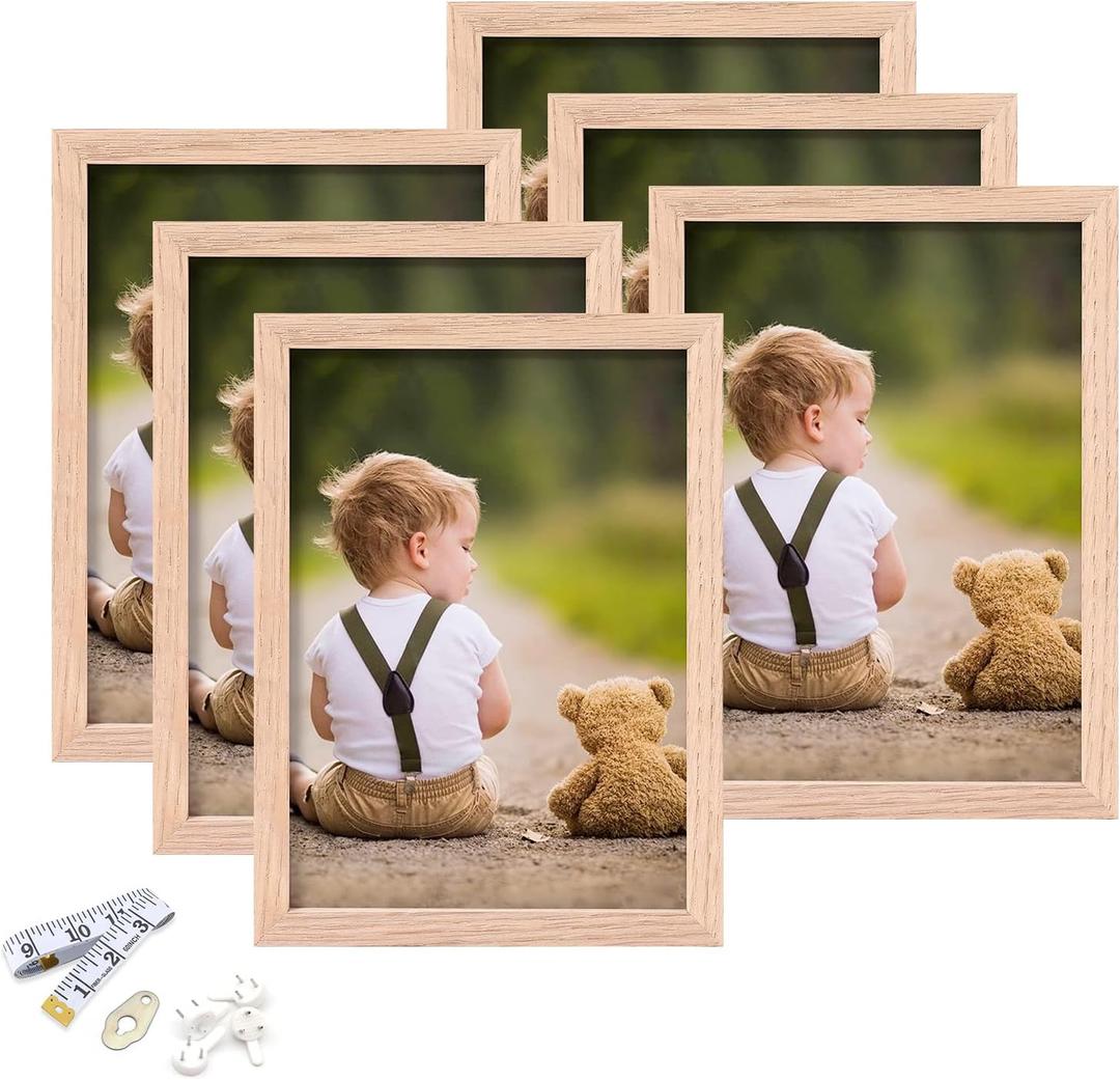 ATOBART 5x7 Picture Frame, OAK Wood Photo Frame with Perspex Glass for Vertical or Horizontal Tabletop Wall Display for Photos, Paintings, Posters, Artwork, Birthday Christmas Gift, Set of 6