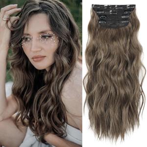 LEEONS 20 inch Synthetic Hair Extensions Long Wavy Double Weft Hair Extensions for Women(Medium Brown Mixed Ash Grey) (Dark Brown Mixed Middle Brown Highlight)